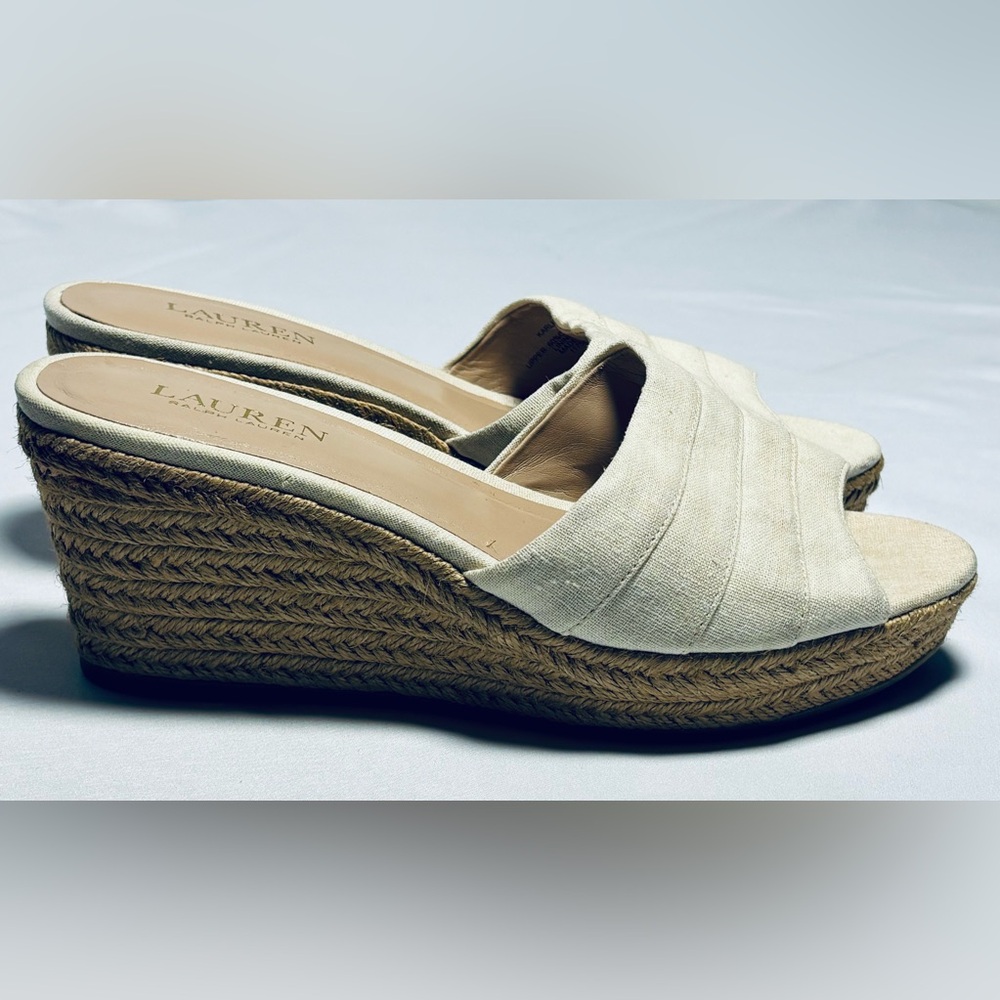 Lauren Ralph Lauren Karlia Wedge Espadrille Sandals Beige Women's 10B Very Good
